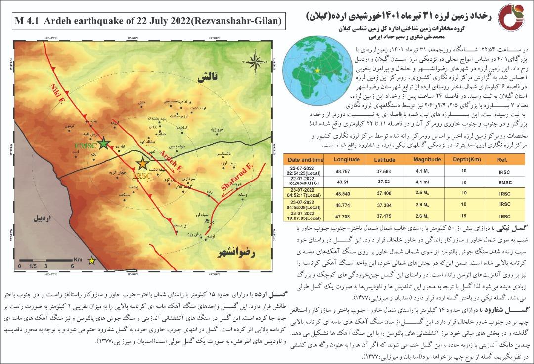 گزارش رخداد زمین لرزه ۳۱ تیرماه ۱۴۰۱ خورشیدی در ارده (رضوانشهر-گیلان) منتشر شد