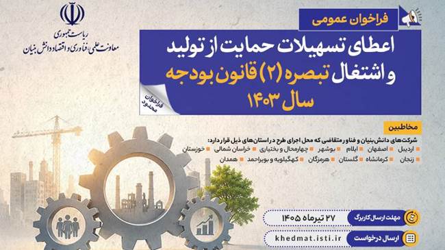 به همت معاونت علمی منتشر شد: فراخوان عمومی اعطای تسهیلات حمایت از تولید و اشتغال تبصره (2) قانون بودجه سال 1403